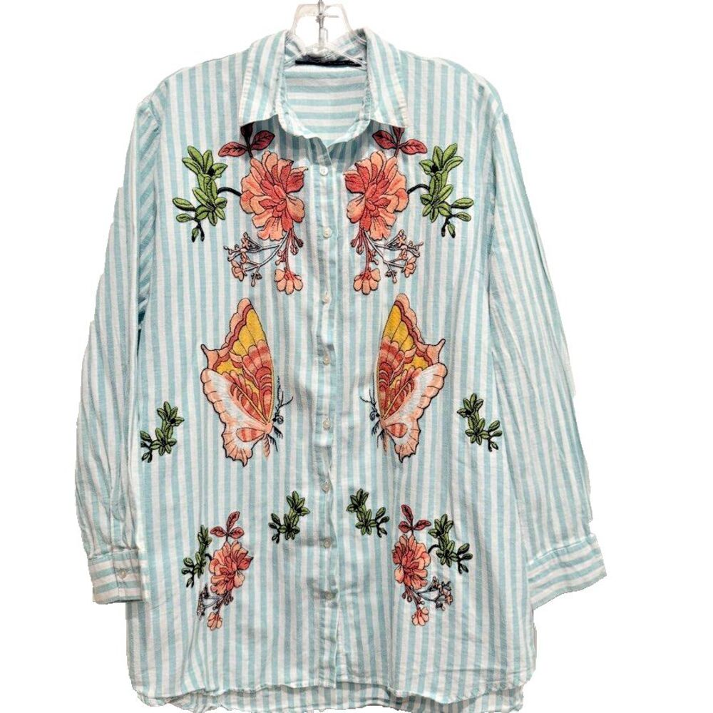 Orfeonegro 1X Button front embroidered Long sleeve linen blend Floral Butterfly